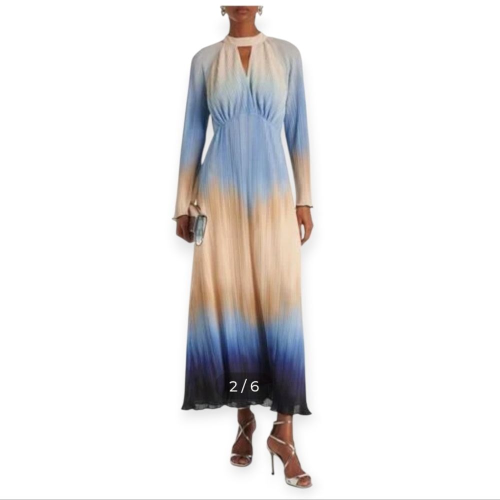 Jonathan Simkhai Ombre Silk Maxi Dress Blue Tan Long Sleeve Cutout Keyhole Gown.